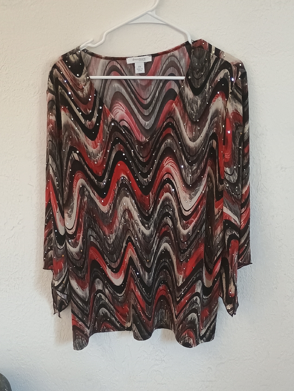 Dress Barn Red, Black & White Wave-Print Long Sleeve Top with Sparkle